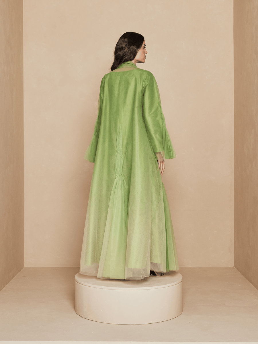 GREEN OMBRE TULLE DOUBLE LAYERED AND PLEATED ABAYA WITH TAFFETA INNER ...