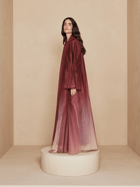 RED OMBRE TULLE DOUBLE LAYERED AND PLEATED ABAYA WITH TAFFETA INNER