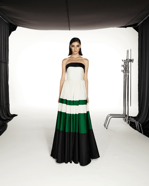 MULTI COLOR PANELLED TAFFETA TUBE FLARED DRESS