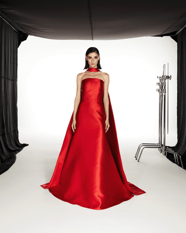 RED TUBE SATIN DRESS WITH A TRAIL