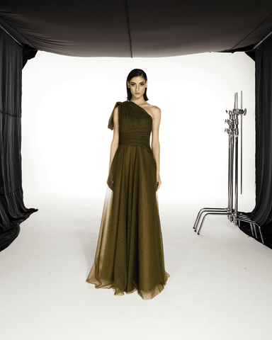 OLIVE ONE SHOULDER TULLE FLARED DRESS