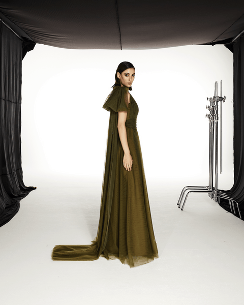 OLIVE ONE SHOULDER TULLE FLARED DRESS