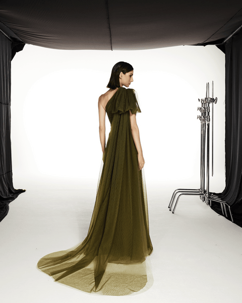 OLIVE ONE SHOULDER TULLE FLARED DRESS