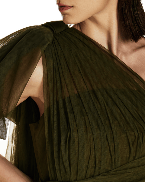 OLIVE ONE SHOULDER TULLE FLARED DRESS