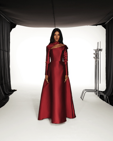 BURGUNDY SATIN ASYMMETRIC FLARED DRESS