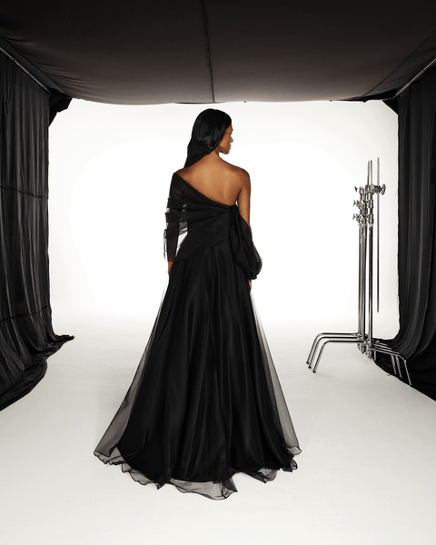 BLACK SHINY TULLE ONE SHOULDER FLARED DRESS