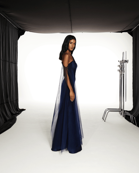 BLUE VELVET AND SATIN ONE SHOULDER TRAIL DRESS