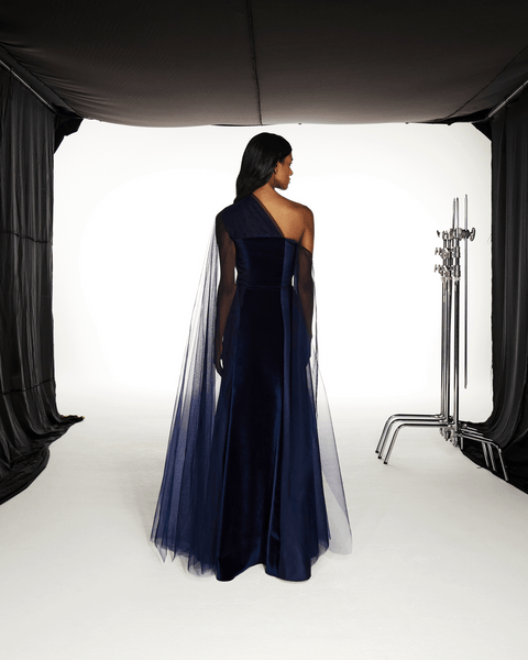 BLUE VELVET AND SATIN ONE SHOULDER TRAIL DRESS