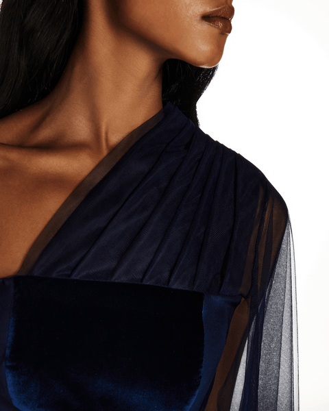 BLUE VELVET AND SATIN ONE SHOULDER TRAIL DRESS