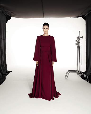 BURGUNDY FULL SLEEVED CREPE DRESS WITH SIDE TRAIL