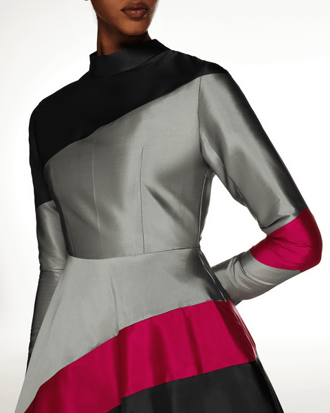 GREY MULTI-PANEL TAFFETA FULL SLEEVED FLARED DRESS