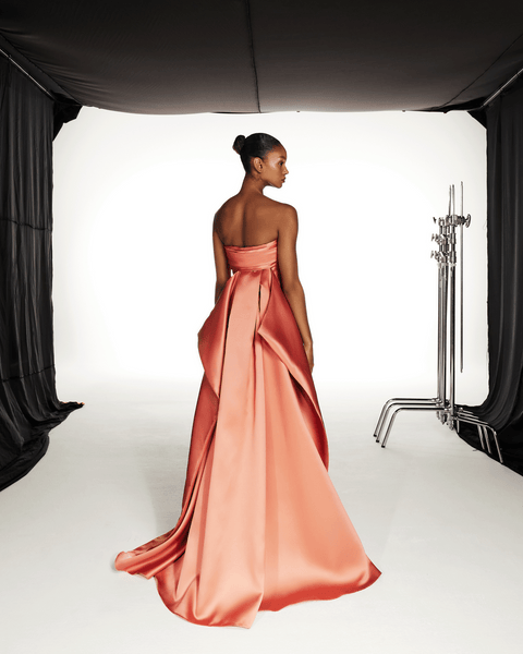 PEACH SATIN TUBE DRESS WITH BACK TRAIL