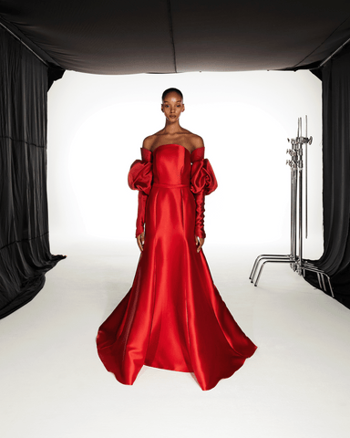 RED TUBE SATIN MULTIPANEL DRESS WITH A CAPE