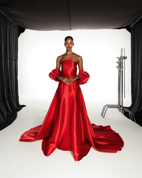 RED TUBE SATIN MULTIPANEL DRESS WITH A CAPE