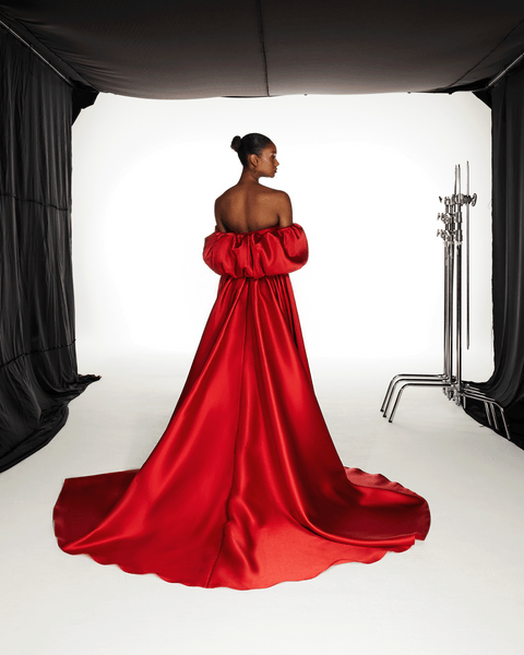 RED TUBE SATIN MULTIPANEL DRESS WITH A CAPE