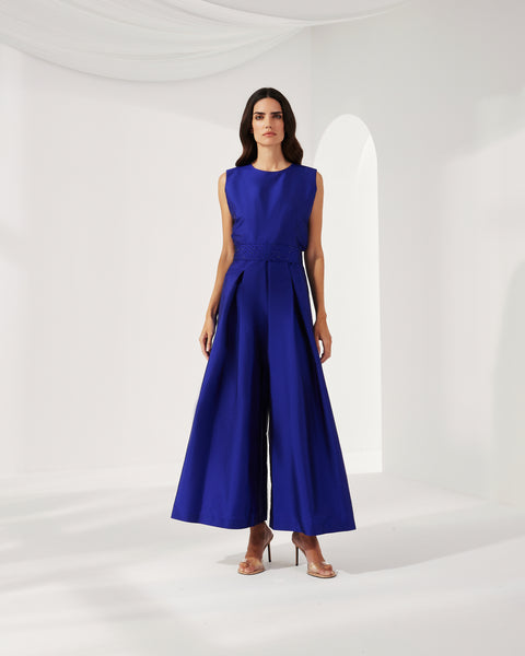 BLUE TAFFETA ABAYA WITH INNER JUMPSUIT AND EMBROIDERED BELT