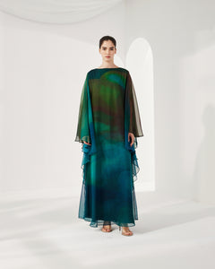 GREEN MULTICOLOR PRINTED CHIFFON OVERSIZED DRESS WITH LONG SLEEVES