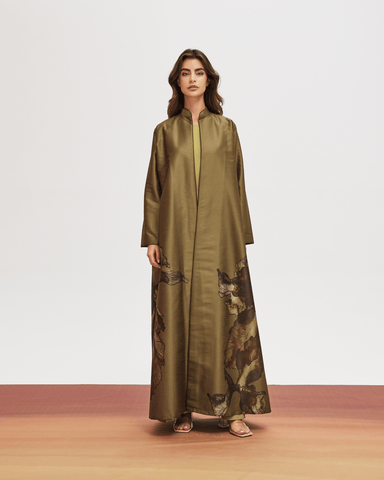 OLIVE GREEN LEAF PRINTED RAW SILK ABAYA WITH CREPE INNER DRESS