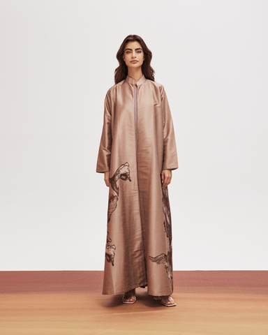 LIGHT PINK LEAF PRINTED RAW SILK ABAYA WITH CREPE INNER DRESS