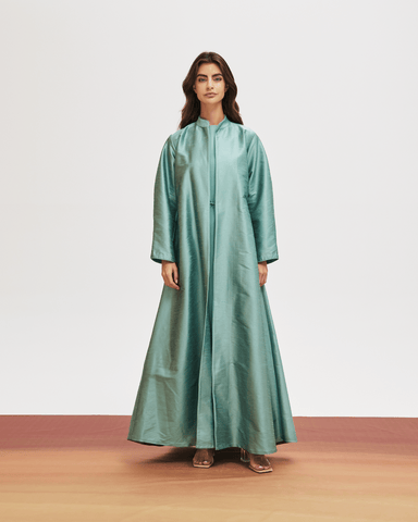 LIGHT TEAL PLAIN RAW SILK ABAYA WITH CREPE INNER DRESS AND EMBROIDERED BELT