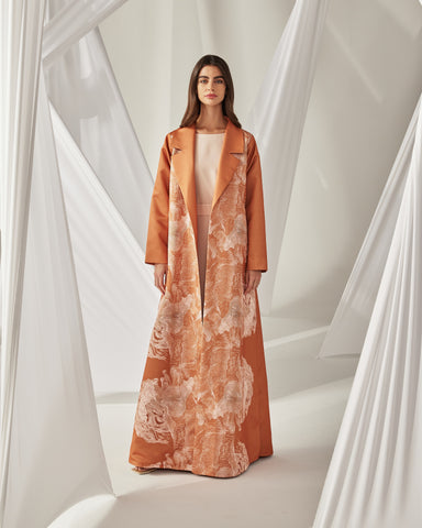 ORANGE PRINTED TAFFETA ABAYA AND DRESS WITH BELT