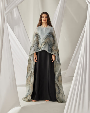 PRINTED CHIFFON CAPE WITH BLACK SATIN DRESS