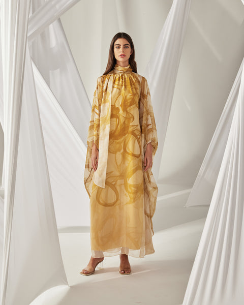 MUSTARD INK PRINTED CHIFFON OVERSIZED DRESS