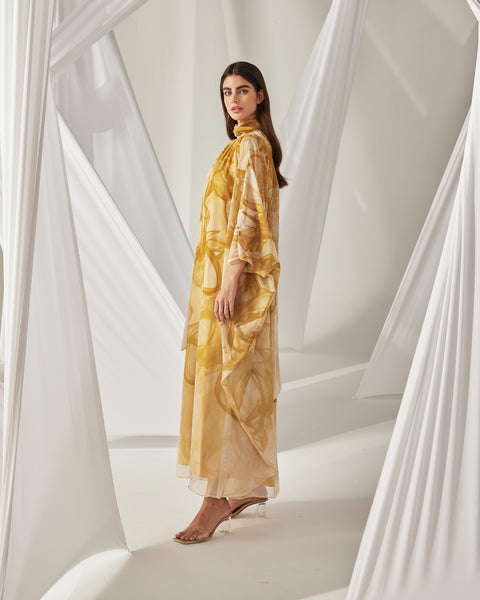 MUSTARD INK PRINTED CHIFFON OVERSIZED DRESS