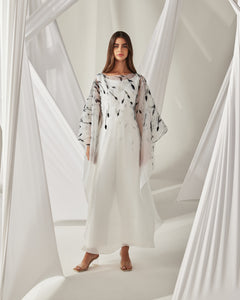 BLACK LEAVES PRINTED ORGANZA OFFWHITE DRESS WITH EMBROIDERY AND INNER JUMPSUIT